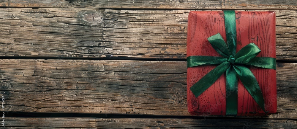 Aufkleber a solitary red gift box with a festive green ribbon displayed on a rustic wooden backdrop with ample