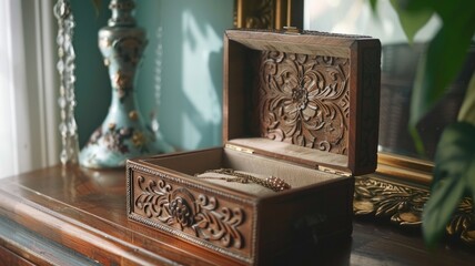 Ornate wooden jewelry box on polished table