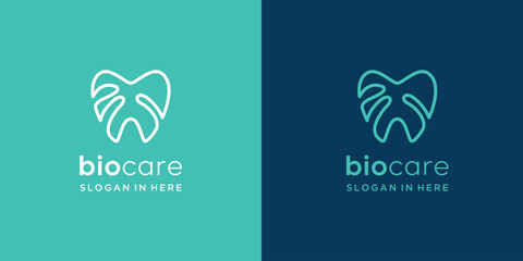 Line logo  leaf / dental teeth tooth dentistry clinic logo vector illustration.