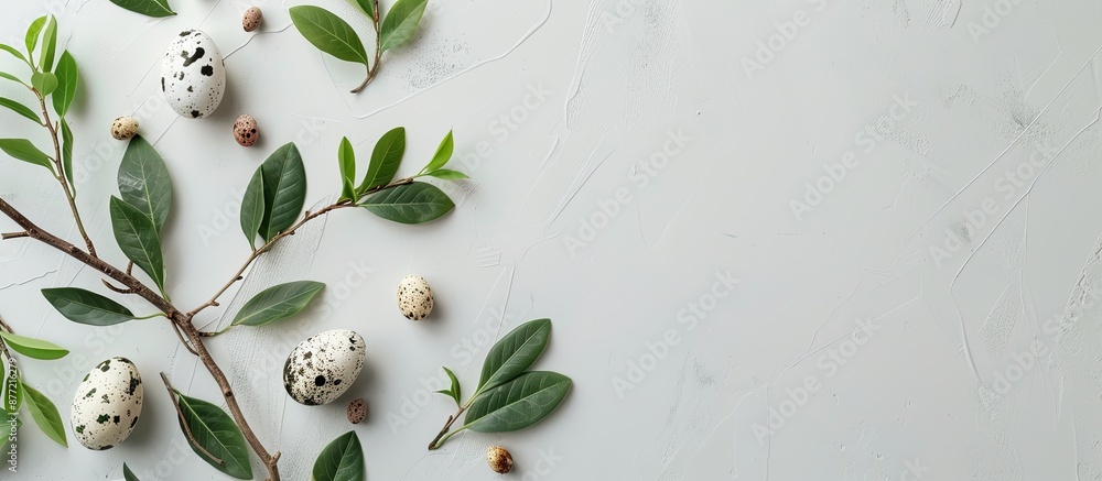 Aufkleber Minimal Easter composition featuring branches with green leaves and natural quail eggs on a light grey background with a top view and copy space image