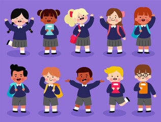 Happy kids cartoon collection. Multicultural children in different positions isolated on purple background.vector illustration