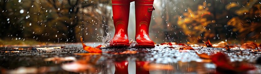 Red rubber boots on wet asphalt with autumn leaves and raindrops. Cozy autumn walk in the rain with colorful foliage.