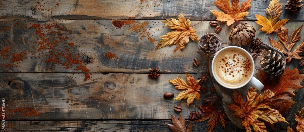 Poster an autumn themed still life with a cup of cappuccino surrounded by fall foliage on a rustic wooden s