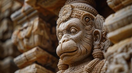 A detailed carving of Lord Hanuman, the monkey god, showcasing his strength and devotion with a background of ancient temples