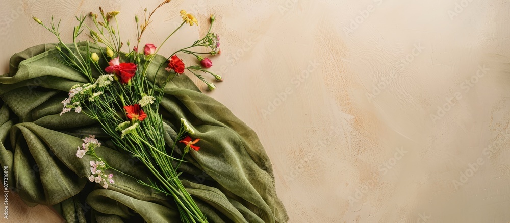 Poster wildflowers bouquet with a green scarf on a beige background capturing the essence of autumn in a fl