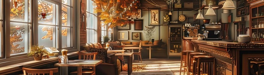Cozy autumn cafe with warm lighting, wooden furniture, and fall decorations, creating a comfortable and inviting atmosphere for relaxation.
