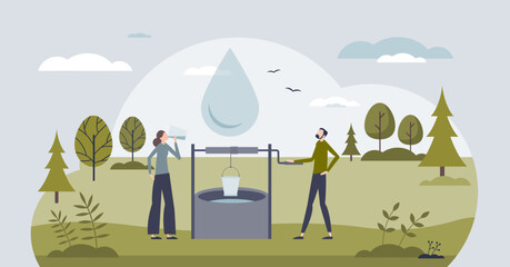 Clean drinking water as pure underground resource tiny person concept. Freshwater well for underground mineral water extraction vector illustration. Hydration with clear and purified ground source.