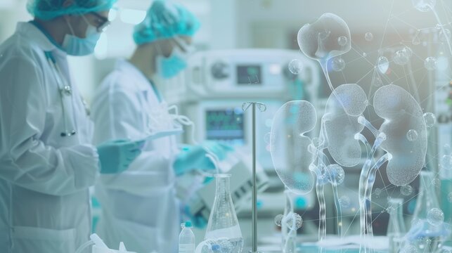 Two doctors in white lab coats are working on a project involving kidneys. Concept of scientific curiosity and dedication to research