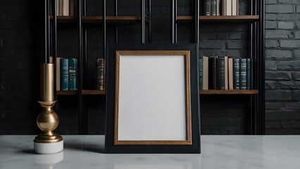 Dark Academia themed scene with a blank photo frame with a white interior mockup