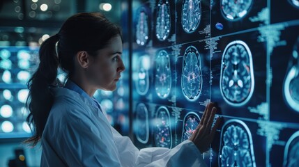 A woman in a white lab coat is looking at a computer monitor displaying a brain scan. She is focused on the image, possibly analyzing it for medical purposes. Concept of scientific curiosity