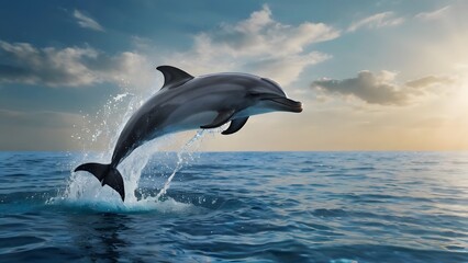 Dolphin leaping out of the water, droplets suspended in mid-air. Modern exclusive background for poster, wallpaper. High quality, high resolution, professional photography.