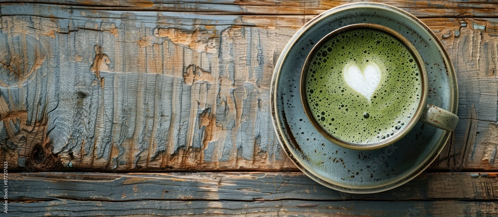 Poster Top view of a coffee cup with frothy matcha on a wooden surface in flat lay style featuring copy space image