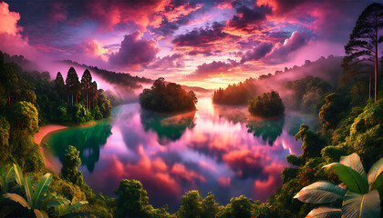 A breathtaking view of a serene lake at sunrise, with mist rising from the water and the sky painted in beautiful hues of pink and orange 