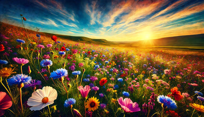 A stunning wildflower meadow in full bloom, with a mix of colorful flowers stretching towards the horizon under a bright blue sky 