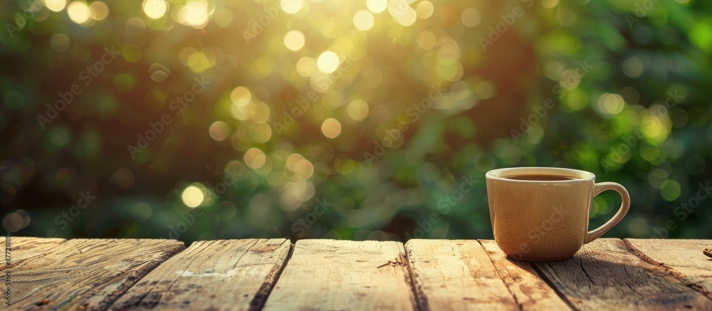 Poster coffee cup on a rustic wooden table with a blurred green bokeh background perfect for a copy space i