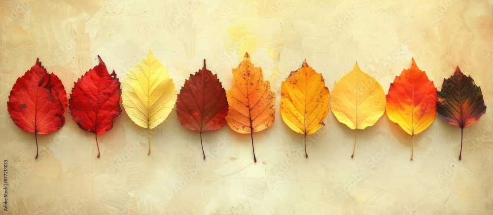 Fototapete Autumn leaves in red and yellow shades neatly arranged in a row on a soft beige background provide a seasonal card or backdrop with a colorful textured foliage and copy space image