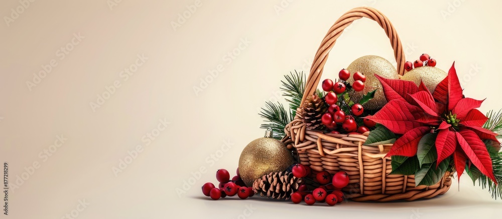 Aufkleber holiday themed mock up with a basket filled with toy balls a sprig of fir poinsettia and berries cre