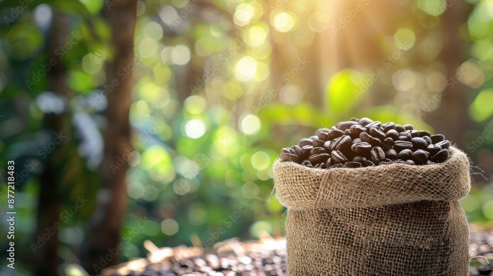 Poster coffee beans in burlap sack with nature background and selective focus ample space for text