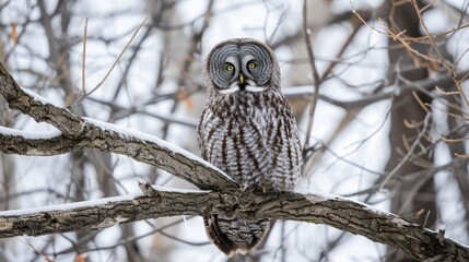 Close up view of Great Grey Owl Strix nebulosa on tree branch with Canadian wildlife background and space for text