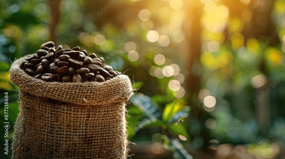 Poster coffee beans in burlap sack with nature background and selective focus ample space for text