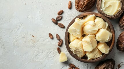 Cocoa butter in natural cosmetics with white background and copy space