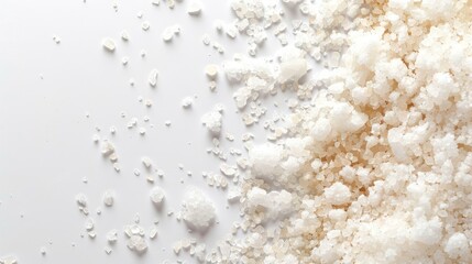 Coarse rock salt on white background with space for text