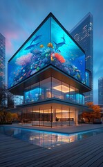 Modern High-Tech Building with Giant Aquarium Display in Urban Setting at Dusk