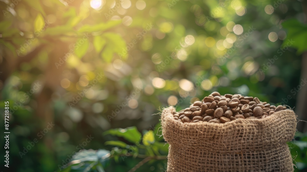 Poster coffee beans in burlap sack with nature background and selective focus ample space for text