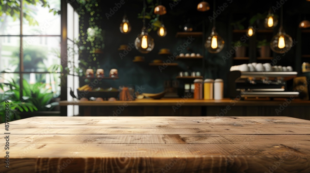Poster coffee shop background with empty coffee table and space for copying