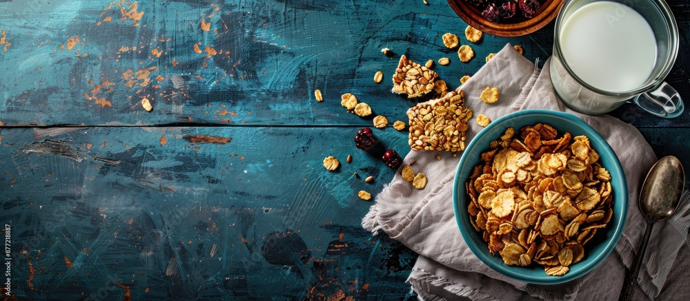 Leinwandbilder on a wooden surface there is a spread with a bowl of cornflakes dried berries granola bar and a glas