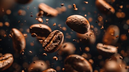 Coffee beans falling in close up on a dark background