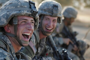 Finding Joy in Camaraderie: Soldier Laughing with Comrades During Service Duty