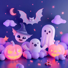 Jack O'Lantern pumpkins and cute Halloween decorations in purple color tone with copy space for text. Volume 14. Square aspect ratio.
