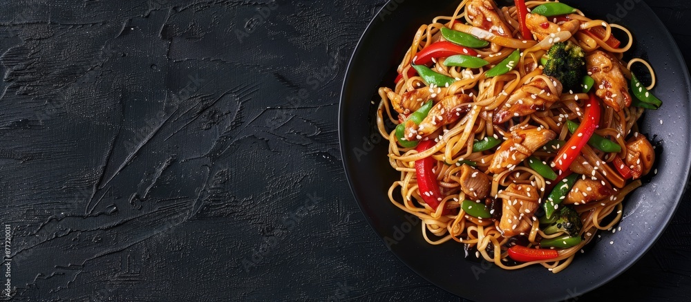 Poster plate with noodles chicken vegetables and sesame seeds against a black backdrop with copy space imag