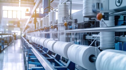 spinning yarn mills machines with white thread in the automated textile factory workshop