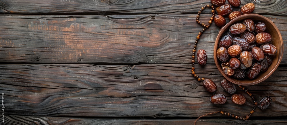 Aufkleber top view of date fruits and a rosary displayed on a charming rustic wooden table with room for more 