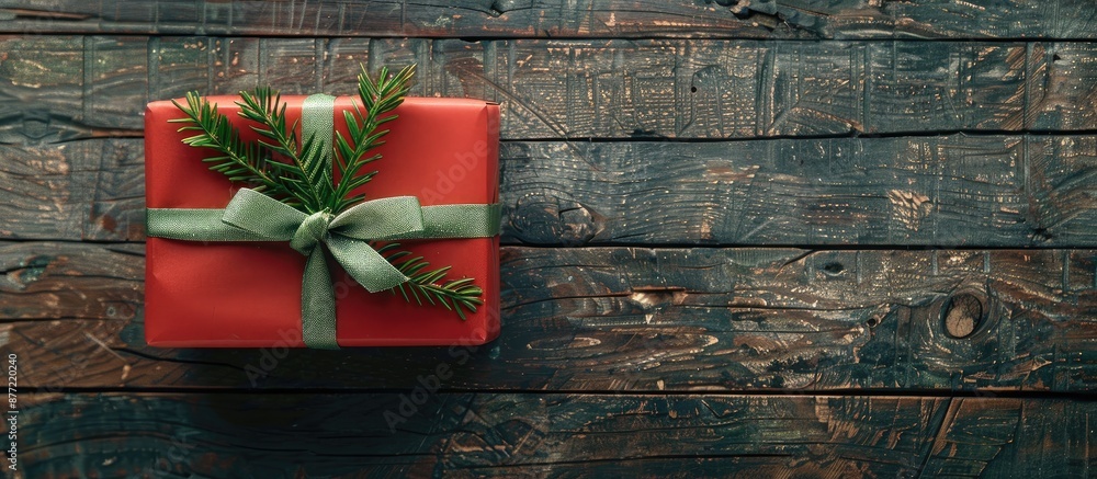 Aufkleber a solitary red gift box with a festive green ribbon displayed on a rustic wooden backdrop with ample