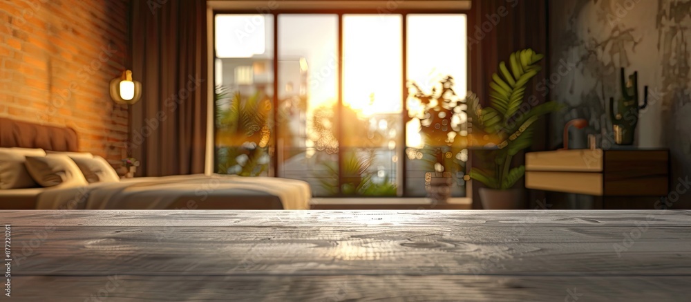 Poster Bedroom setting with table top and blurred background perfect for inserting copy space image
