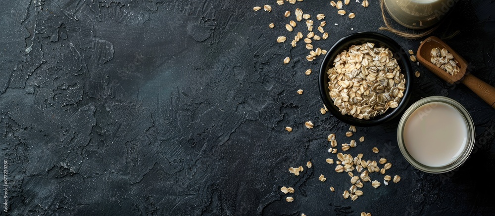 Poster copy space image featuring vegan oat milk a non dairy alternative in flakes displayed in a ceramic b