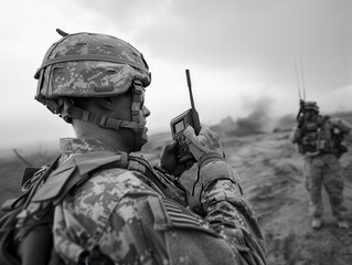 Military Communication - Soldier Using Portable Radio to Coordinate Team Movements