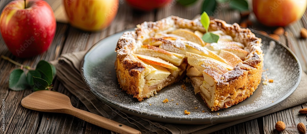 Poster delicious homemade apple pie cake sliced and served on a plate the image has copy space