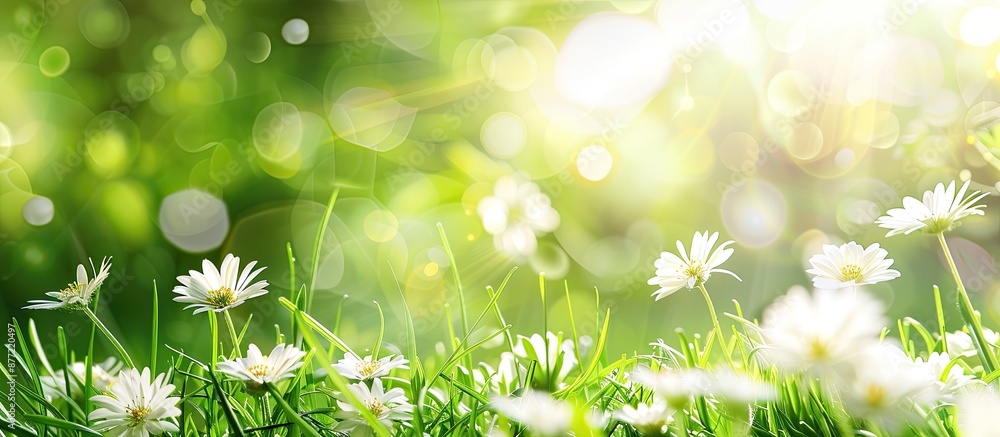 Aufkleber spring season featuring fresh green grass white flowers on a light background with copy space image