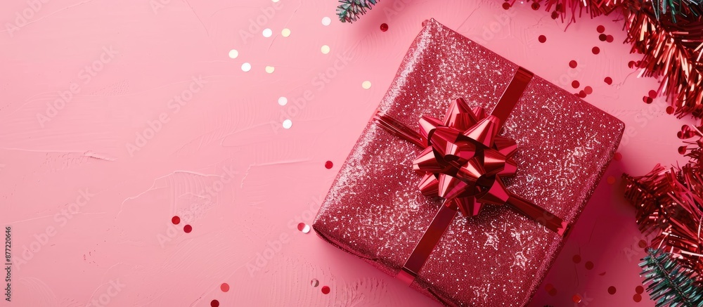 Poster View from above of a red gift box with sequins tinsel and a red bow on a pink background ideal for a holiday with copy space image