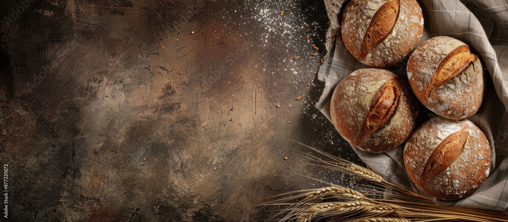 Poster rustic bakery concept with freshly baked round wheat bread slices against a rustic backdrop with cop