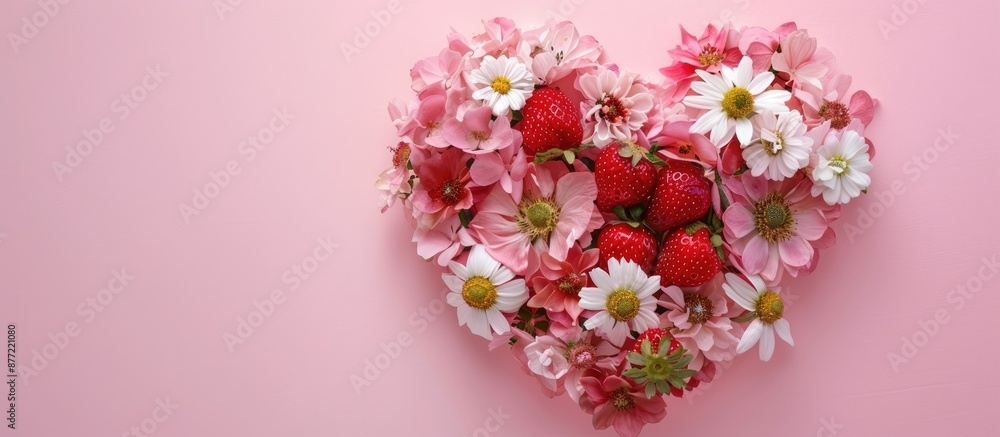 Poster Top view of a heart shaped arrangement featuring pink and white flowers along with a strawberry set against a pastel pink backdrop creating a festive concept with copy space image