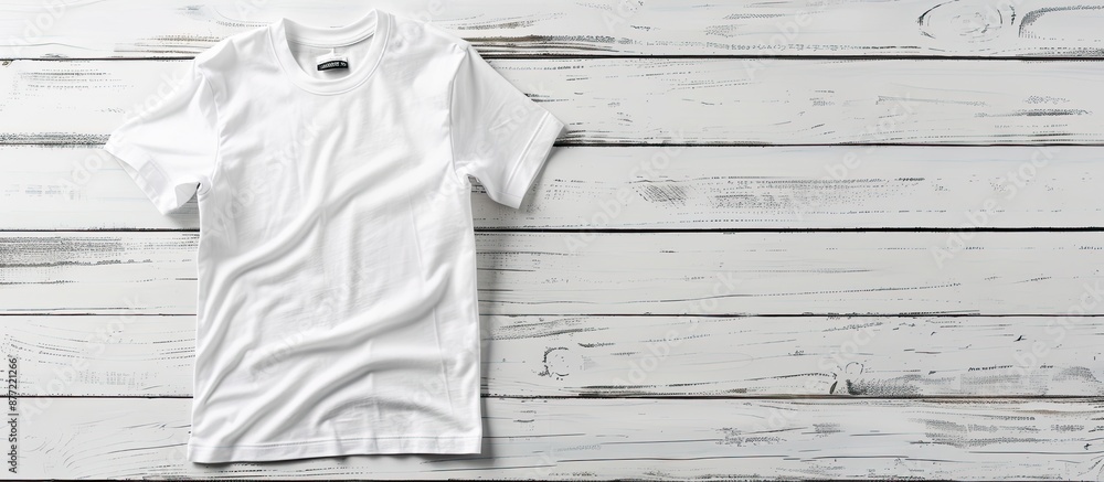 Poster top view of a stylish t shirt displayed on a white wooden surface with copy space image