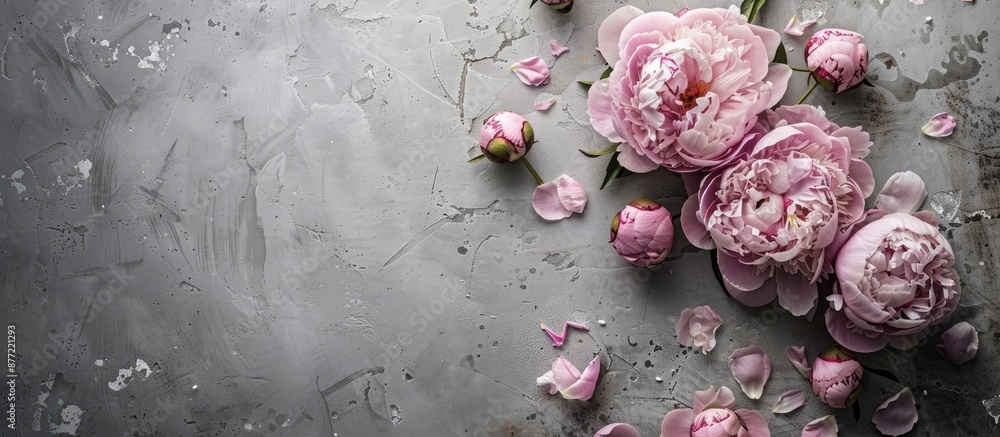 Poster Pink peonies on a textured grey background with an area for text Ample space for copy in the image