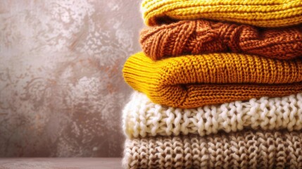 Stack of cozy knitted sweaters in warm colors, perfect for autumn and winter fashion. Soft textures and rich hues for a comfortable season.