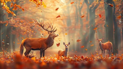 Majestic deer family in an autumn forest with falling leaves, bathed in warm, golden light on a serene, tranquil day in nature.