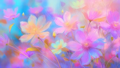 abstract translucent flowers on a light background, postcard template in muted pastel colors.
